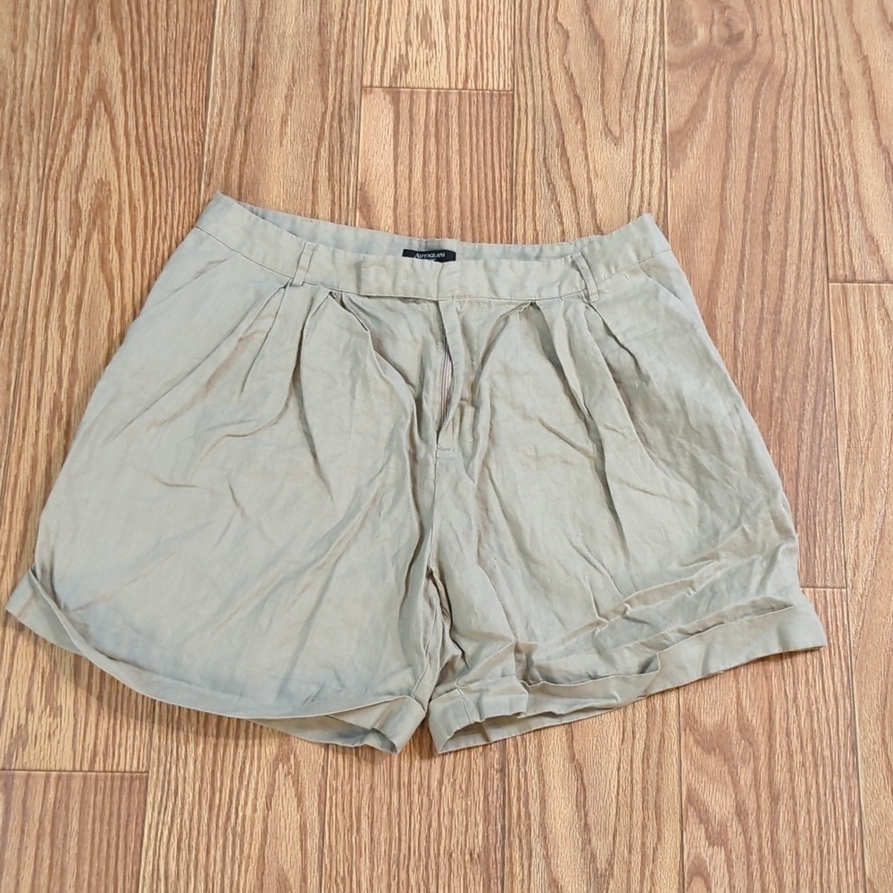 Autograph cuffed pleated 100% linen khaki shorts high rise 6" inseam size 14